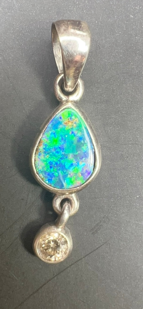 Australian Opal and Diamond Pendant  Sterling Silver 0027