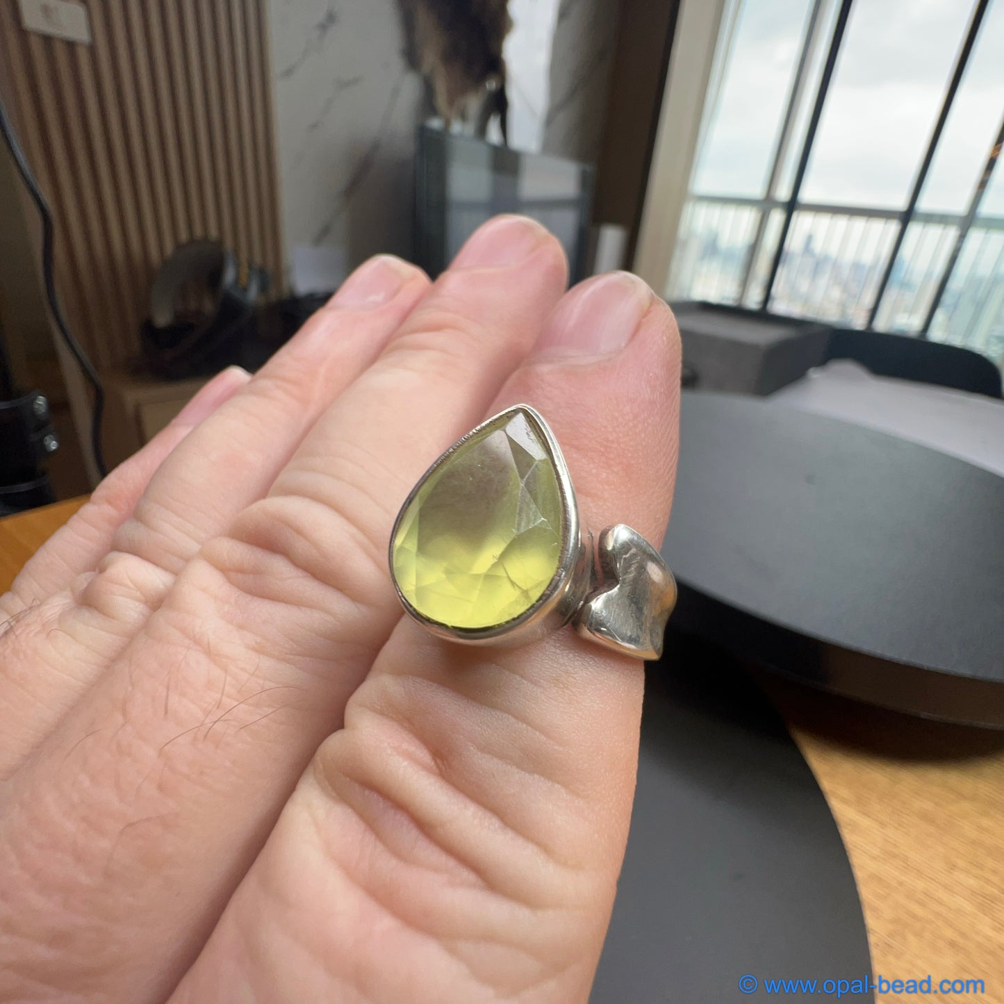 Faceted Prehnite Ring in Sterling Silver 92.5% - Natural Stone 0025