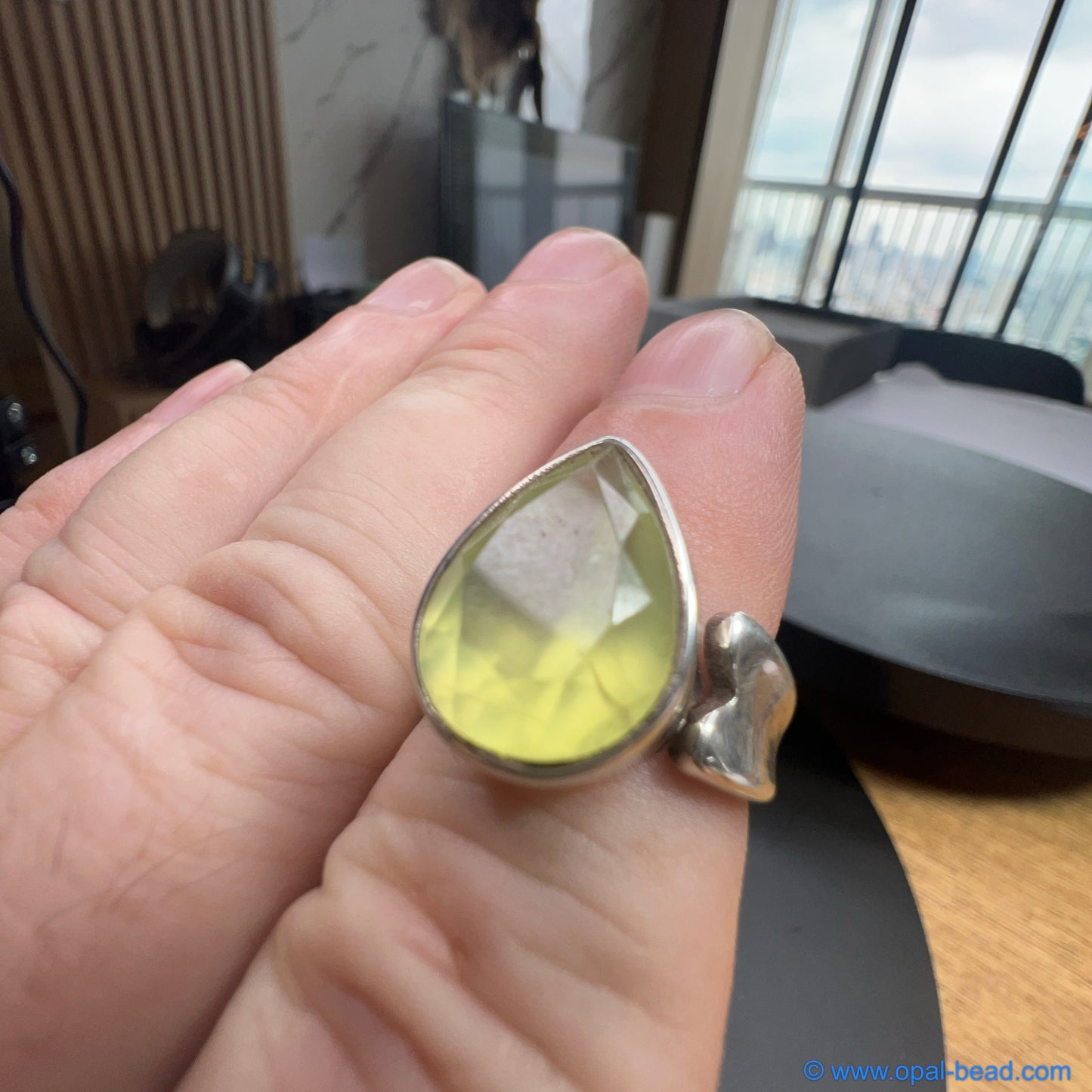 Faceted Prehnite Ring in Sterling Silver 92.5% - Natural Stone 0025