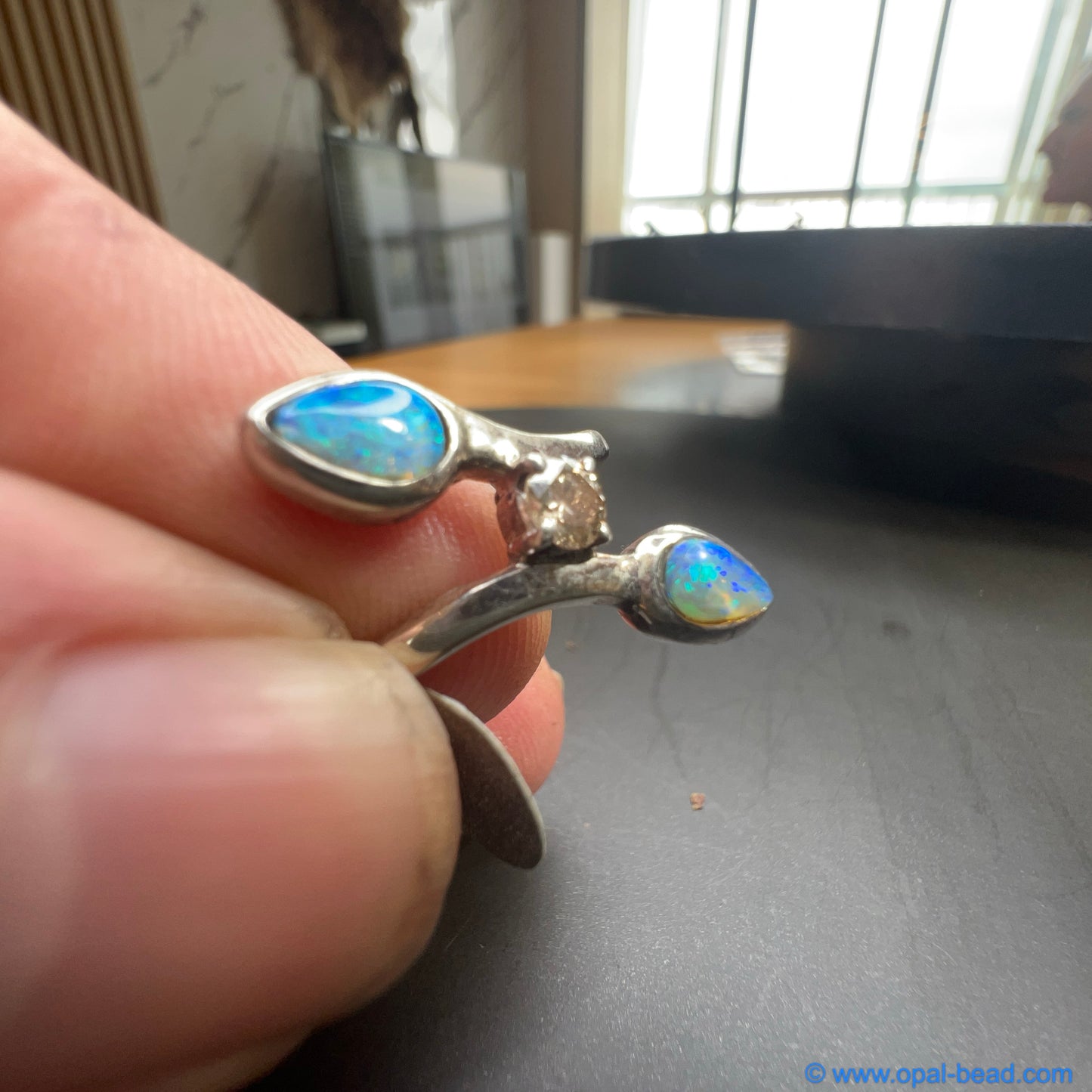 Australian Opal and Diamond Ring - Two Opal Stones with Diamond0022